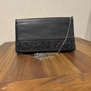Elegant White House Black Market Black Leather Clutch with Silver Chain Strap
